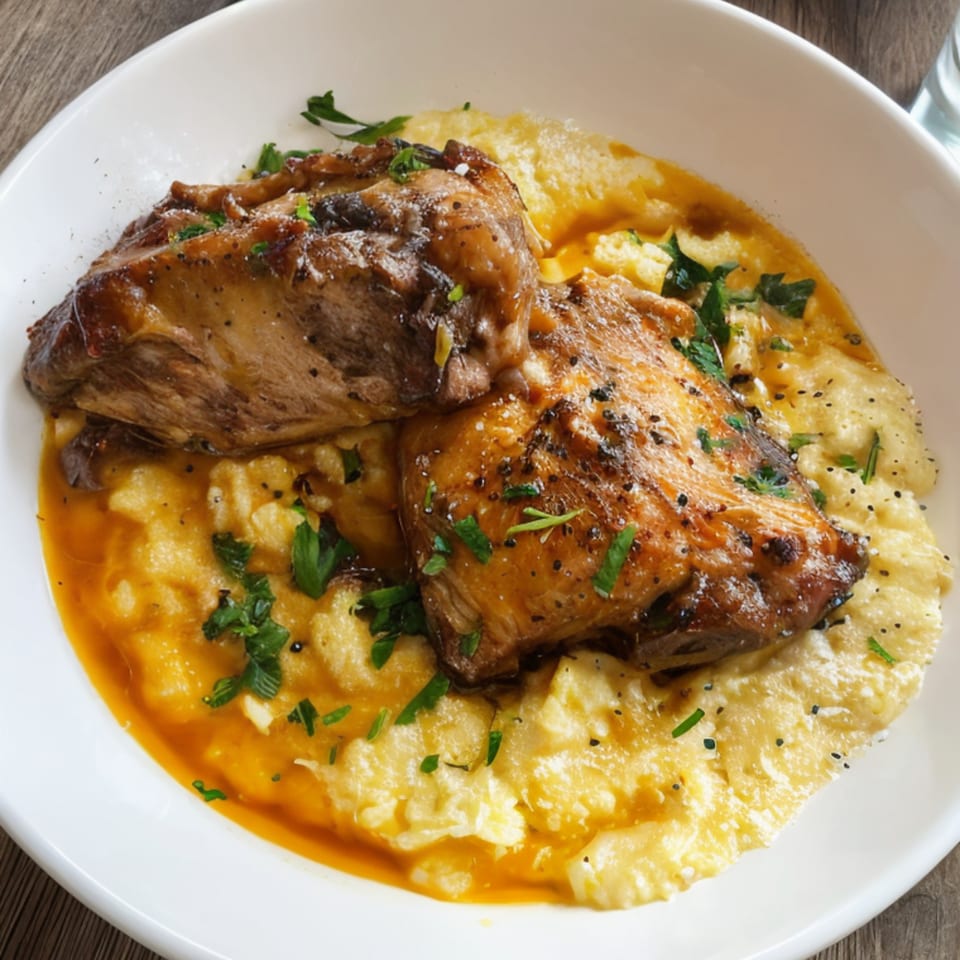 Two pieces of braised chicken with gravy and polenta, garnished with fresh parsley and pepper.